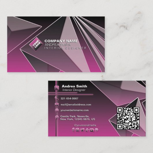 Girly Black roze QR-codecgradiënt Moderne Chic 3D Visitekaartje (Voorkant / Achterkant)
