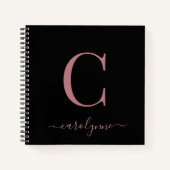 Girly Black Roze Rose Gold Monogram Naam Notitieboek (Voorkant)