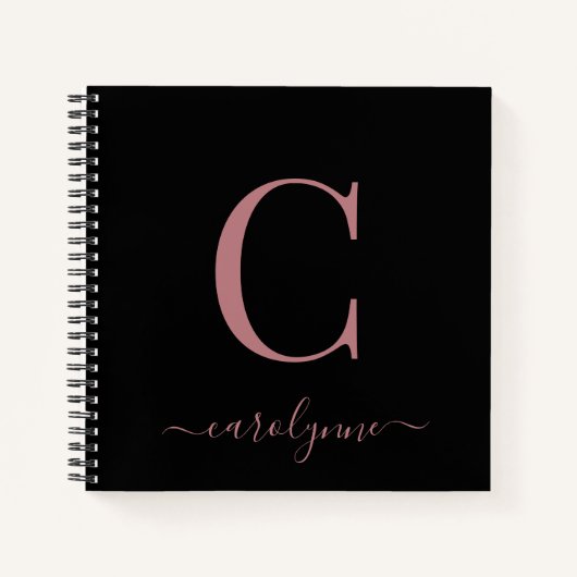 Girly Black Roze Rose Gold Monogram Naam Notitieboek (Voorkant)