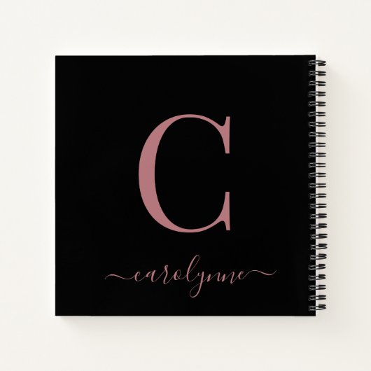 Girly Black Roze Rose Gold Monogram Naam Notitieboek (Achterkant)
