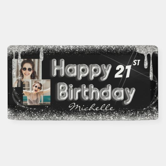 Girly Black & Silver Glitter Any Birthday Banner (Horizontaal)