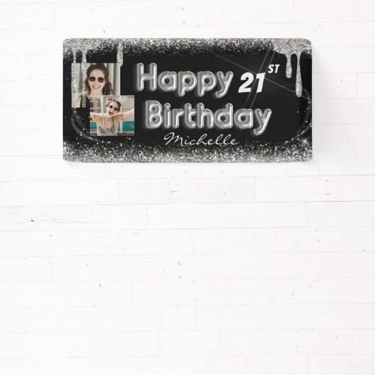 Girly Black & Silver Glitter Any Birthday Banner (Insitu)