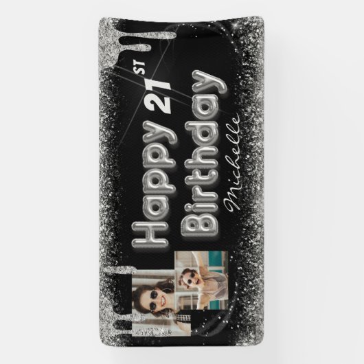 Girly Black & Silver Glitter Any Birthday Banner (Verticaal)