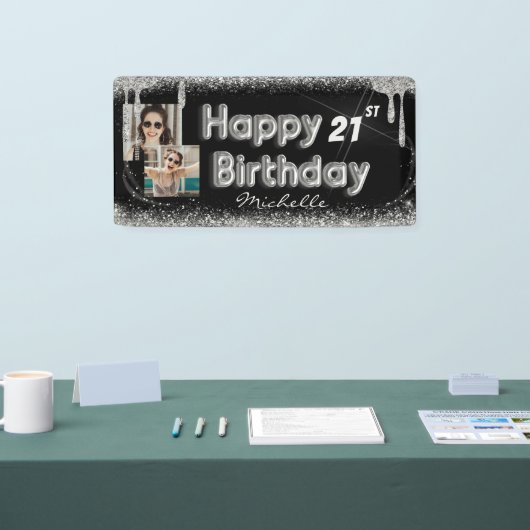 Girly Black & Silver Glitter Any Birthday Banner (Beurs)