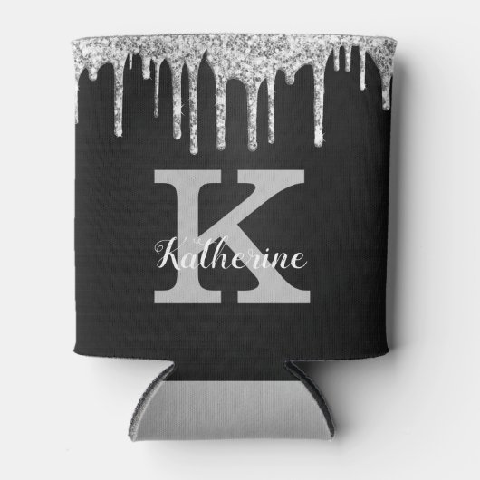 Girly Black Silver Glitter Drift Monogram Name Blikjeskoeler (Voorkant)