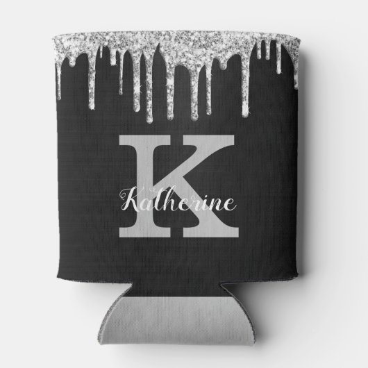 Girly Black Silver Glitter Drift Monogram Name Blikjeskoeler (Achterkant)