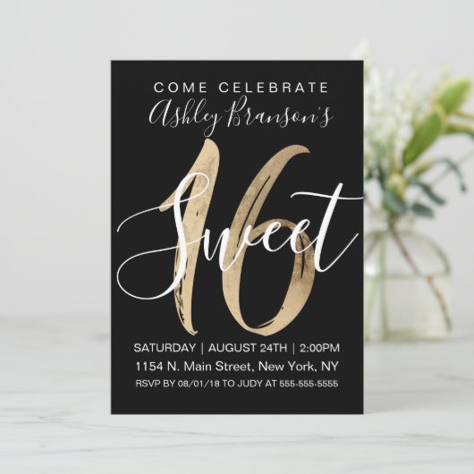 Girly Black White Faux Gold Foil Sweet 16 Kaart (Staand voorkant)