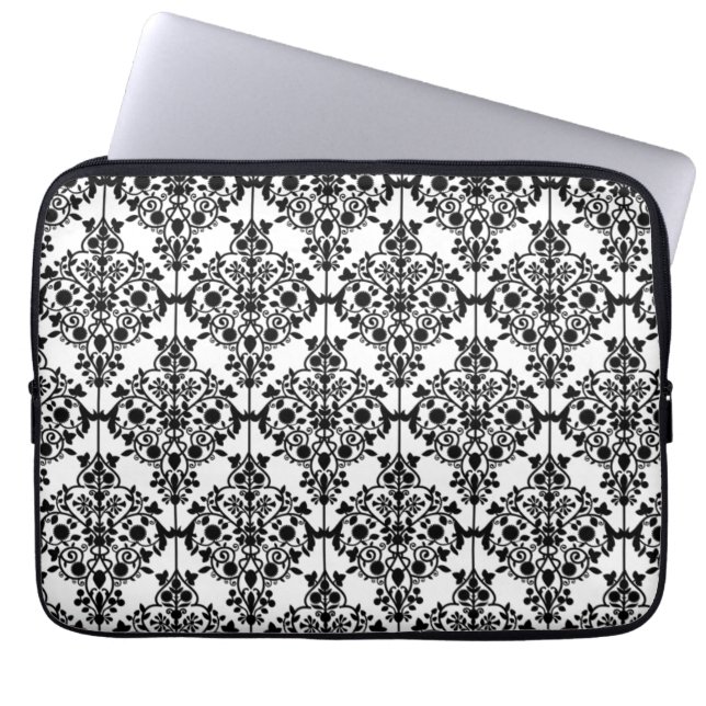 Girly Black WHite Floral Damask Pattern Laptop Sleeve (Voorkant)