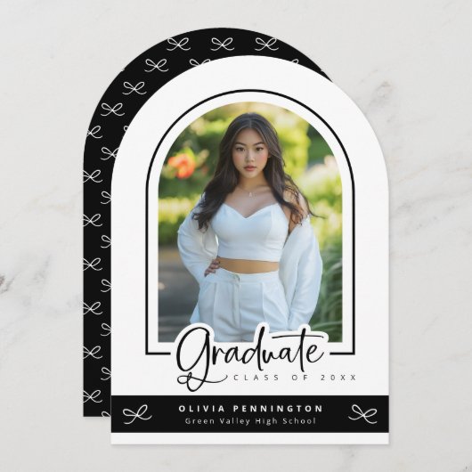 Girly Black White Foto Afstuderen Aankondiging (Voorkant / Achterkant)