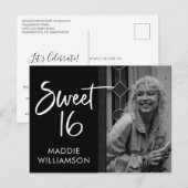 Girly Black & White Glitter Sweet 16 Verjaardag Uitnodiging Briefkaart (Voorkant / Achterkant)