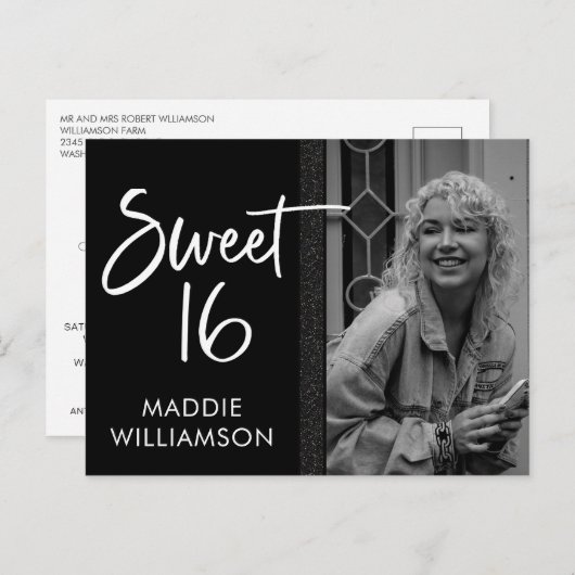 Girly Black & White Glitter Sweet 16 Verjaardag Uitnodiging Briefkaart (Voorkant / Achterkant)
