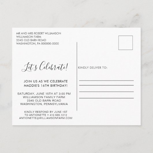 Girly Black & White Glitter Sweet 16 Verjaardag Uitnodiging Briefkaart (Achterkant)