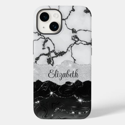 Girly Black White Marble Faux Glitter Monogram Case-Mate iPhone Case (Achterkant)