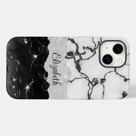 Girly Black White Marble Faux Glitter Monogram Case-Mate iPhone Case (Achterkant (horizontaal))