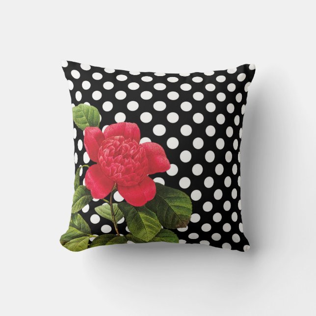 Girly Black White Polka Dots Red Camellia Flower Kussen (Voorkant)