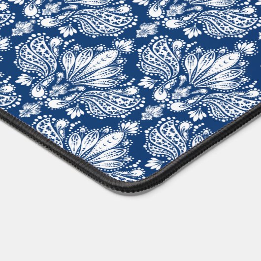 Girly blauw en wit damast patroon monogram bureaumat (Hoek)