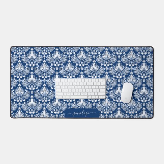 Girly blauw en wit damast patroon monogram bureaumat (Keyboard & Muis)