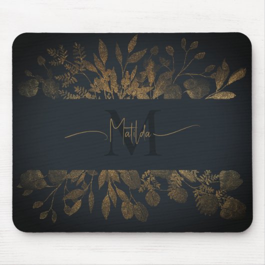 Girly Blauw & gouden glitter bloemenmonogram Muismat (Voorkant)