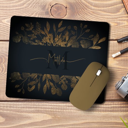 Girly Blauw & gouden glitter bloemenmonogram Muismat