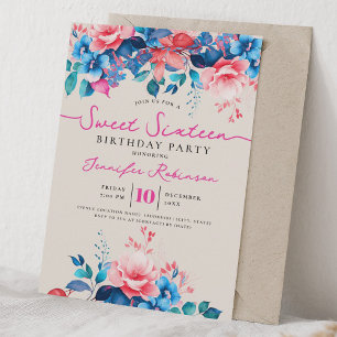 Girly Blauw Roze Bloemig Sweet 16 Verjaardag Champ Kaart