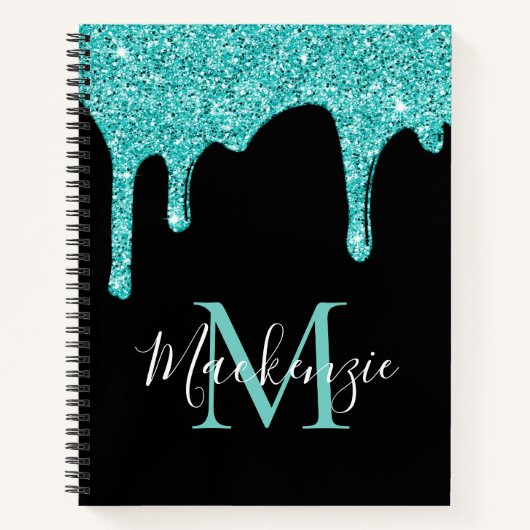 Girly Blauwgroen Aqua Sparkle Glitter Driemonogram Notitieboek (Voorkant)
