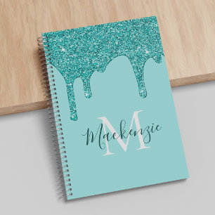 Girly Blauwgroen Aqua Sparkle Glitter Driemonogram Notitieboek