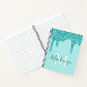 Girly Blauwgroen Aqua Sparkle Glitter Driemonogram Notitieboek (Binnen)