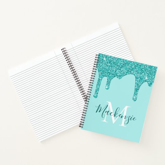 Girly Blauwgroen Aqua Sparkle Glitter Driemonogram Notitieboek (Binnen)