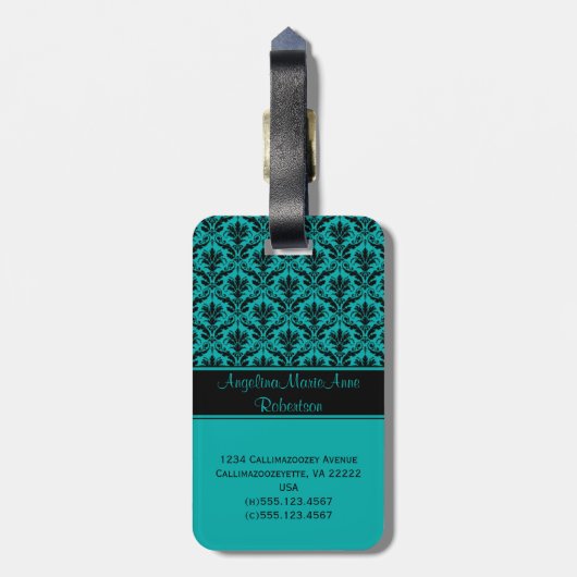 Girly Blauwgroen Black Damask Bagagelabels (Achterkant verticaal)