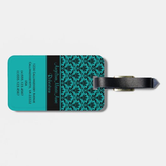 Girly Blauwgroen Black Damask Bagagelabels (Achterkant horizontaal)
