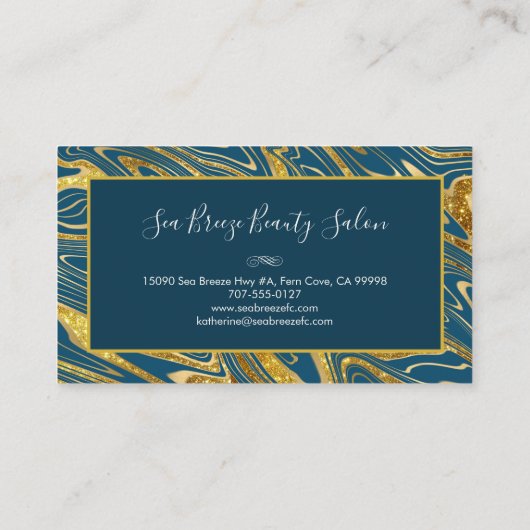 Girly Blauwgroen Blue Green Marble Glitter Monogra Visitekaartje (Achterkant)