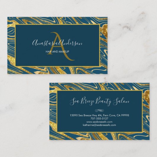 Girly Blauwgroen Blue Green Marble Glitter Monogra Visitekaartje (Voorkant / Achterkant)