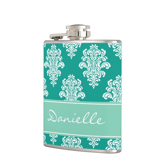 Girly Blauwgroen Damask Monogram Heupfles (Links)