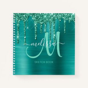 Girly Blauwgroen Dripping Glitter Geborsteld Metal Notitieboek