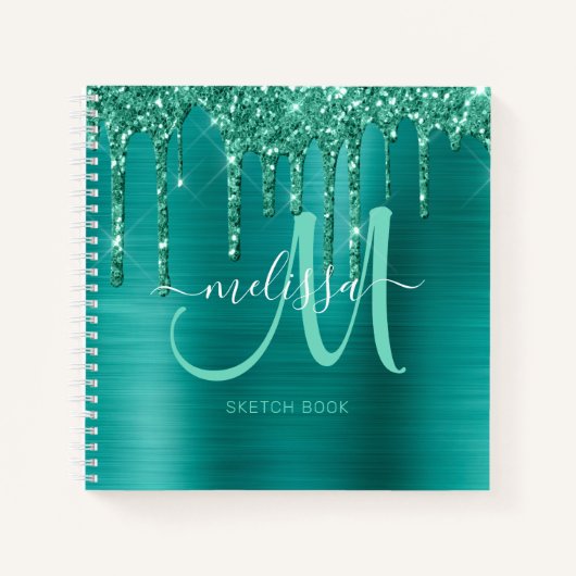 Girly Blauwgroen Dripping Glitter Geborsteld Metal Notitieboek (Voorkant)