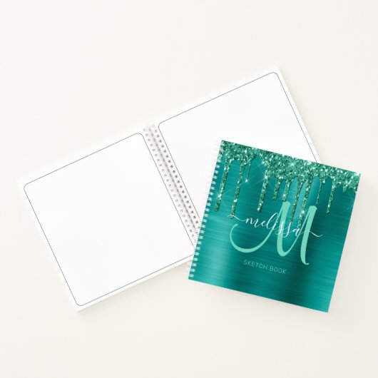 Girly Blauwgroen Dripping Glitter Geborsteld Metal Notitieboek (Binnen)
