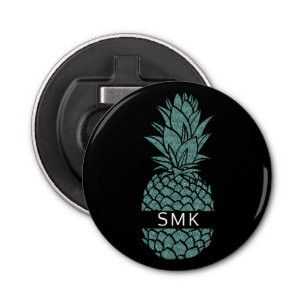 Girly Blauwgroen en Black Glitter Ananas Monogram Button Flesopener