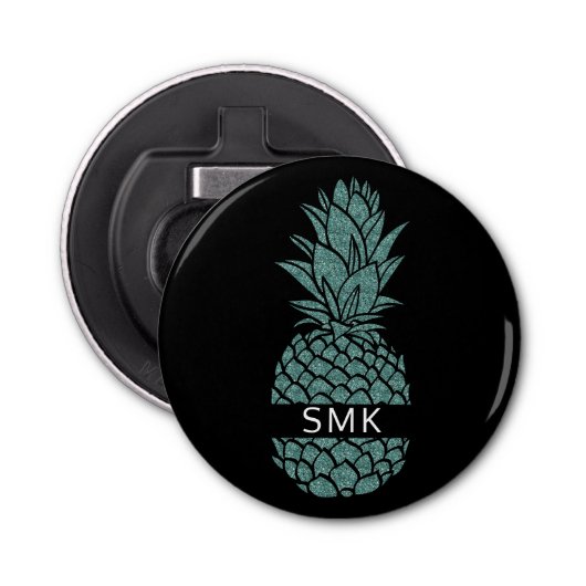 Girly Blauwgroen en Black Glitter Ananas Monogram Button Flesopener (Voorkant)