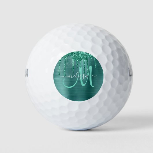 Girly Blauwgroen Geborsteld Metaal Dripping Glitte Golfballen (Voorkant)