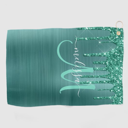 Girly Blauwgroen Geborsteld Metaal Dripping Glitte Golfhanddoek (Horizontaal)