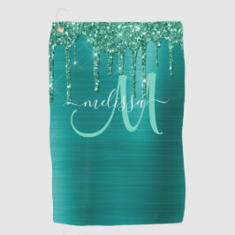 Girly Blauwgroen Geborsteld Metaal Dripping Glitte Golfhanddoek