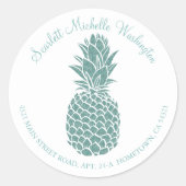 Girly Blauwgroen Glitter Ananas Adres Ronde Sticker (Voorkant)