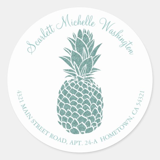 Girly Blauwgroen Glitter Ananas Adres Ronde Sticker (Voorkant)