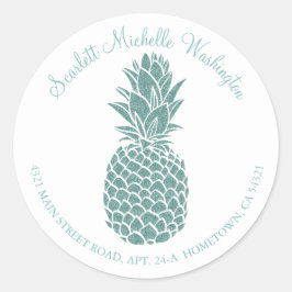 Girly Blauwgroen Glitter Ananas Adres Ronde Sticker