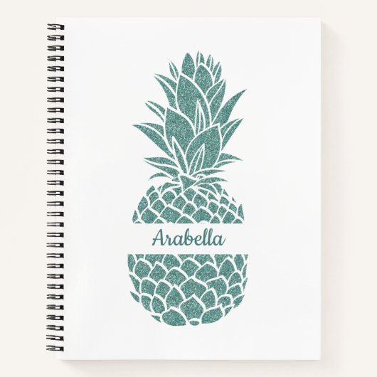 Girly Blauwgroen Glitter Ananas Naam Patroon Notitieboek (Voorkant)
