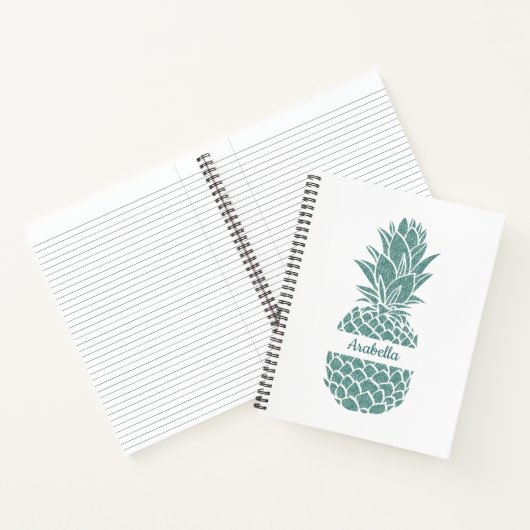 Girly Blauwgroen Glitter Ananas Naam Patroon Notitieboek (Binnen)
