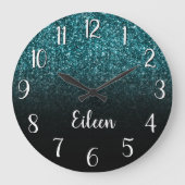 Girly Blauwgroen Glitter Black Ombre Grote Klok (Voorkant)