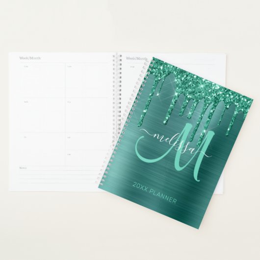 Girly Blauwgroen Glitter Geborsteld Metaal 2024 Planner (Display)
