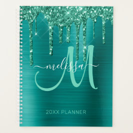 Girly Blauwgroen Glitter Geborsteld Metaal 2024 Planner