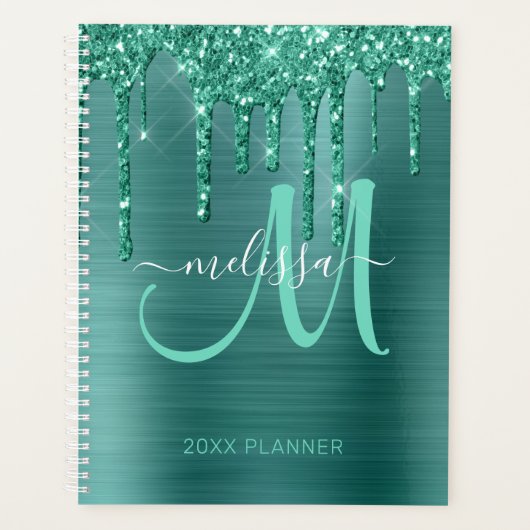 Girly Blauwgroen Glitter Geborsteld Metaal 2024 Planner (Voorkant)